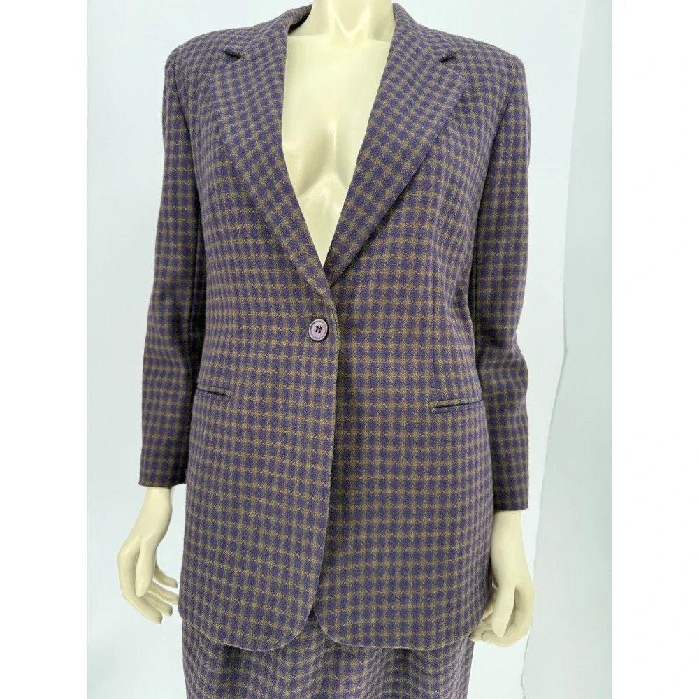Leslie Faye Sportswear Vintage‎ Wool Blend Skirt Suit Purple Check 8 Petite